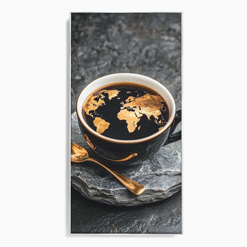 Tablou canvas cu tablou canvas cu ceasca de cafea si harta lumii, in rama de aluminiu argintiu